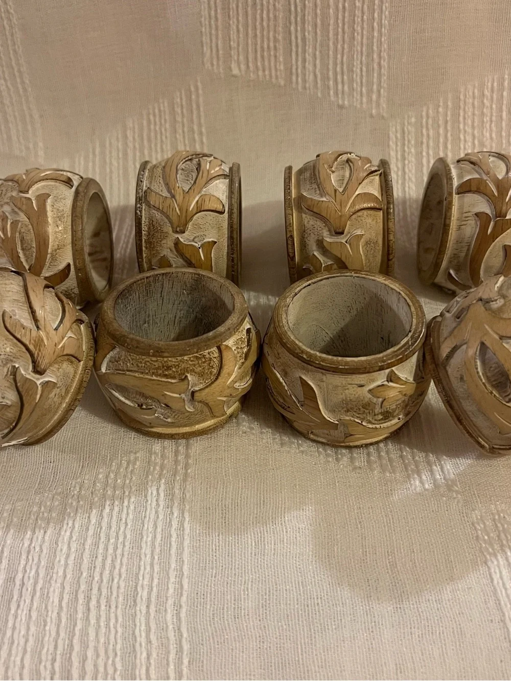 Pier 1 Carved Wooden Napkin Rings Set of 8 - whitewashed
